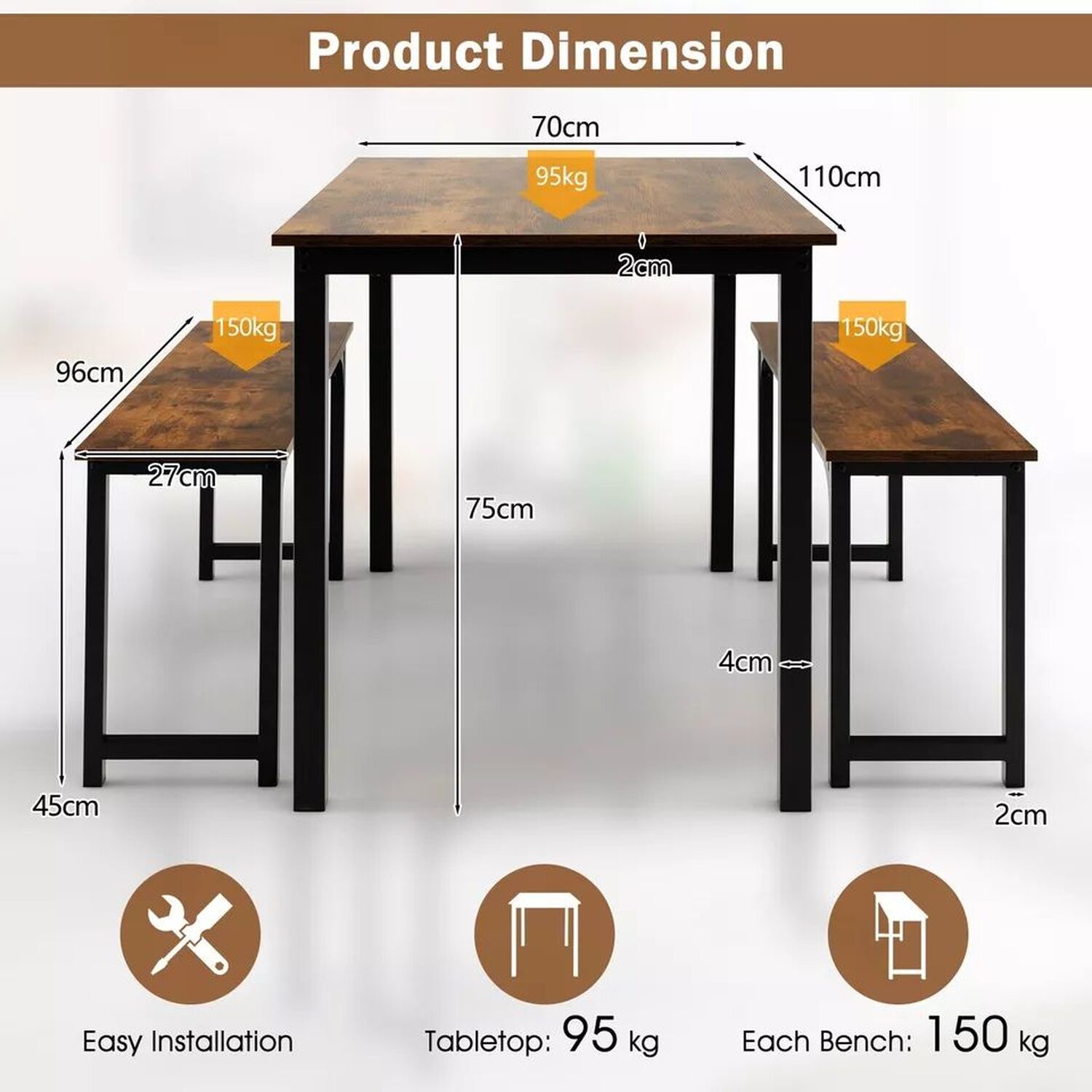 3 Piece Dining Table And Benches - Brown And Black