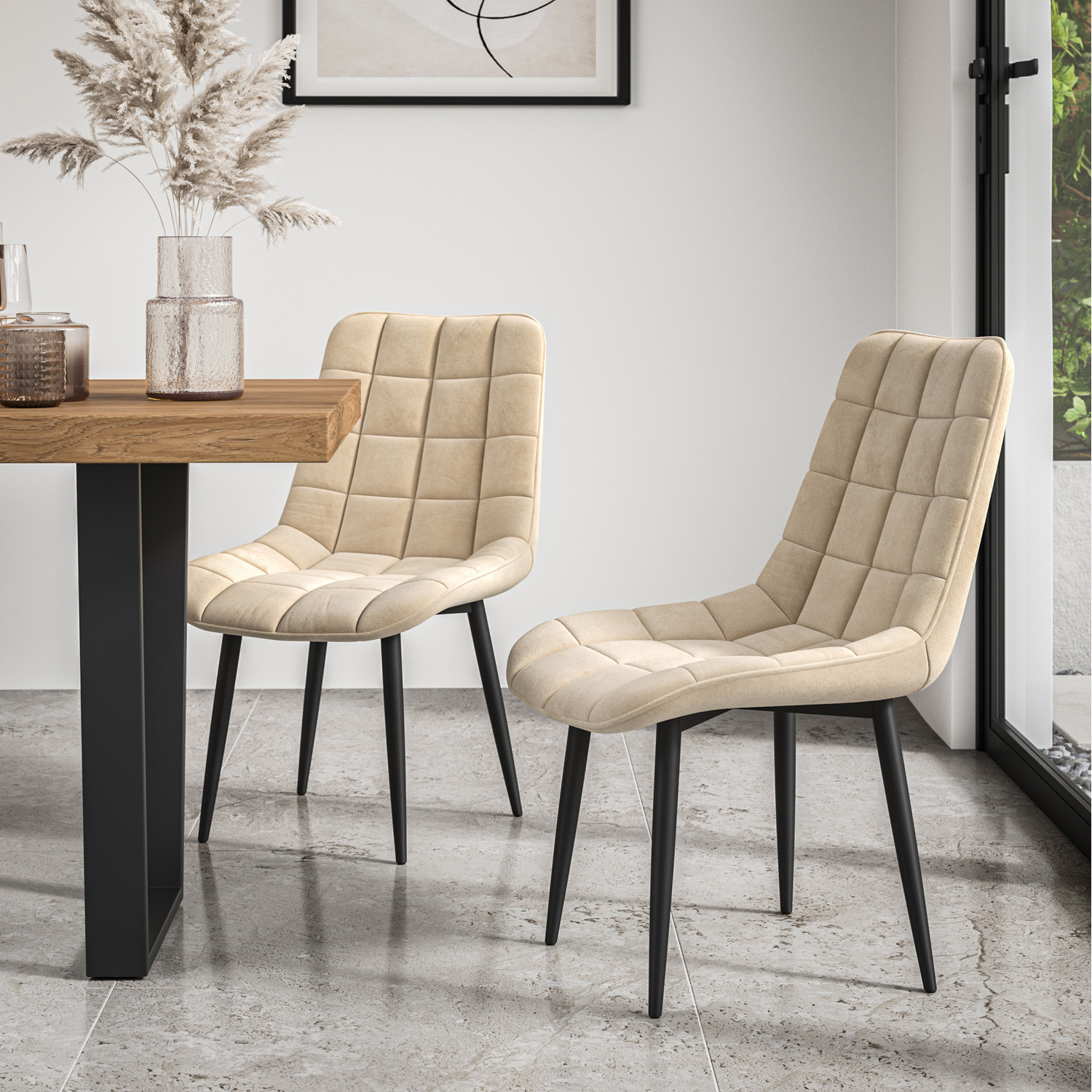 Malvern Round Black Dining Table Set W Black Oak Legs W 4-6 Nova Velvet Chair - Beige 6