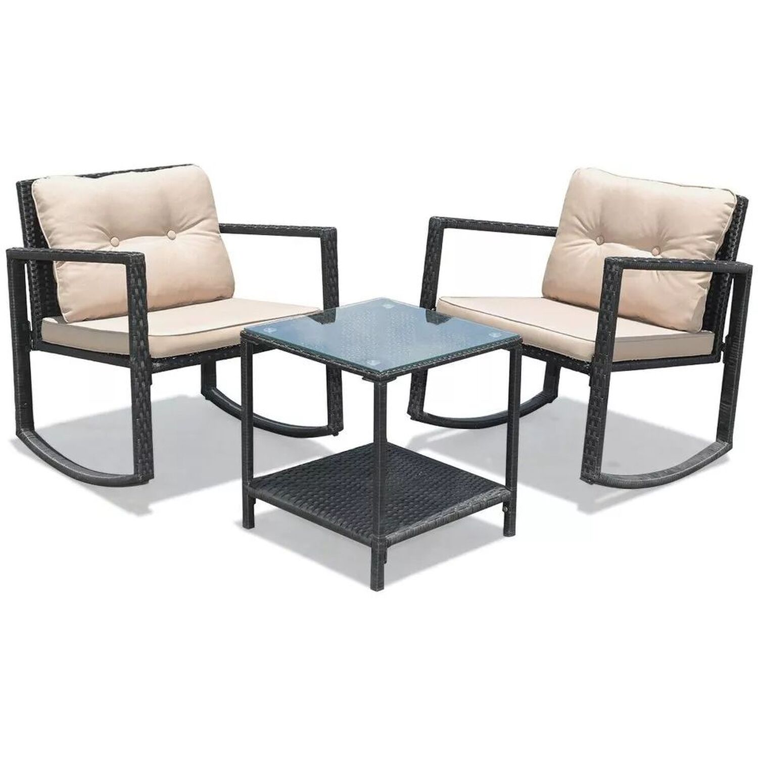 3 Piece Outdoor Rocking Bistro Set Pe Rattan With Cushion - White