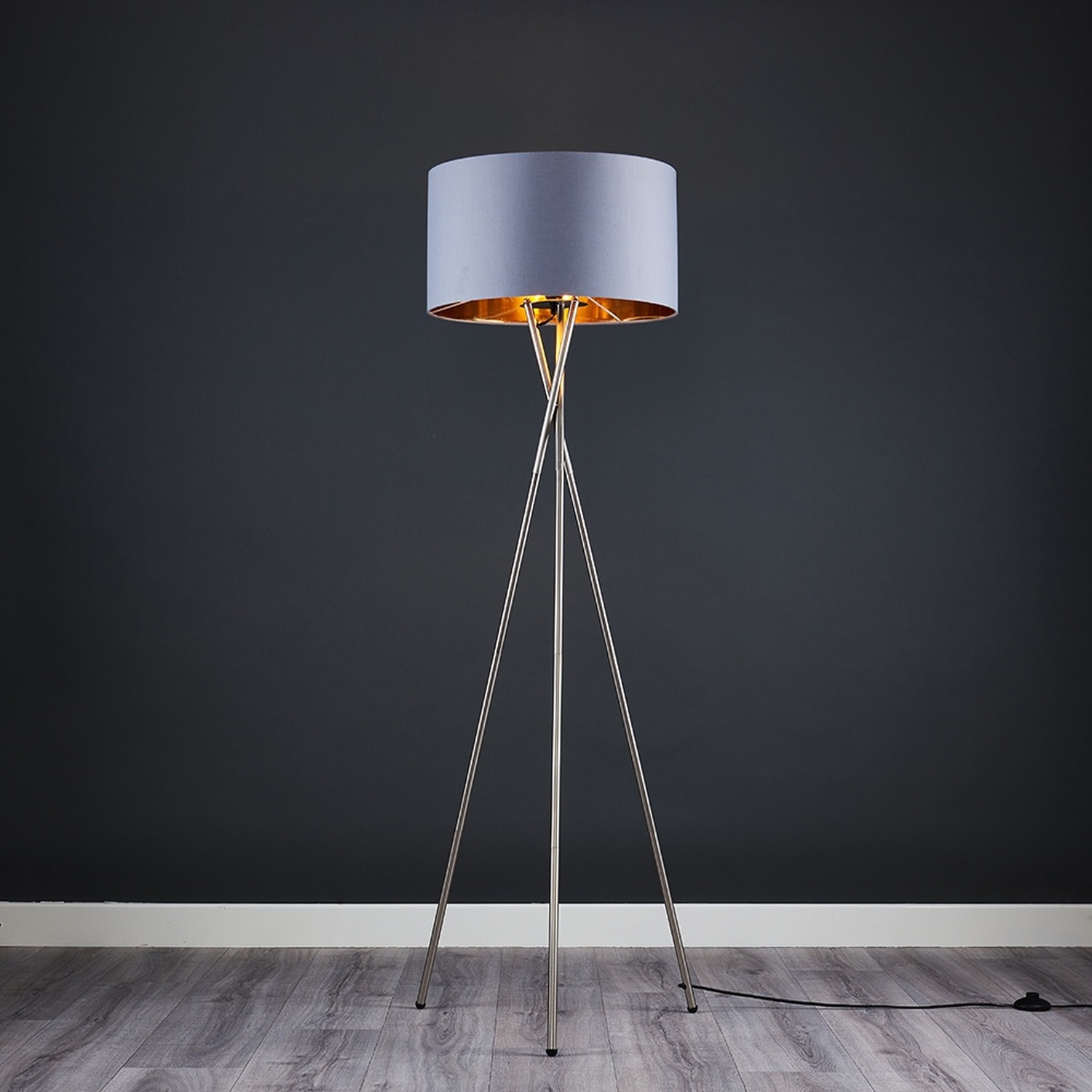 Modern Brushed Chrome Metal Tripod Floor Lamp With Grey And Copper Shade