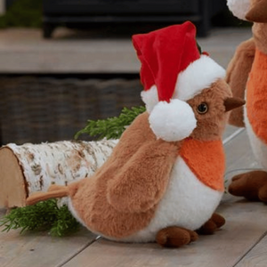 Large Plush Christmas Robin Decoration with Santa Hat