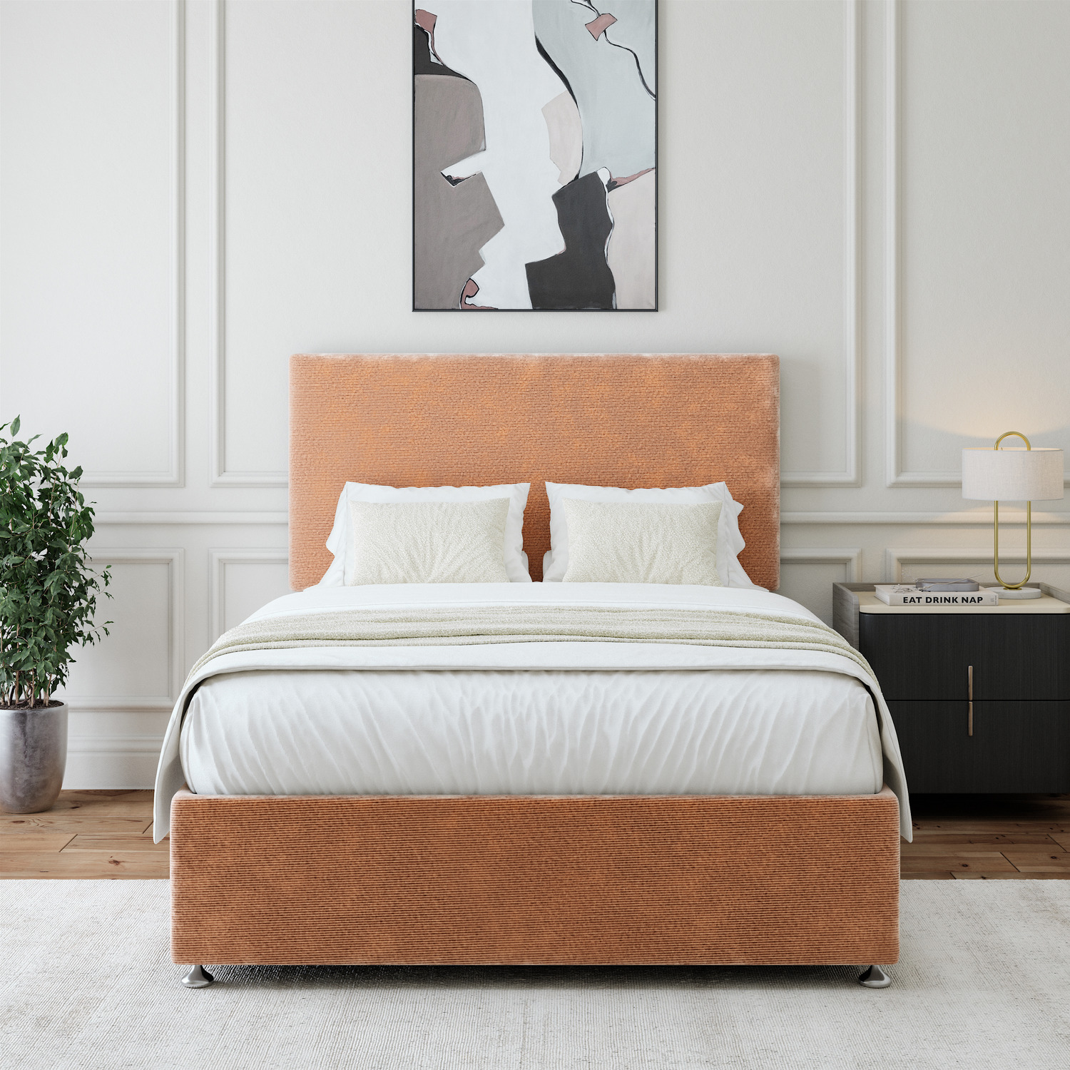 Chenille Divan Base With Storage And Plain Headboard - Colour Options - Mink Superking 60kg