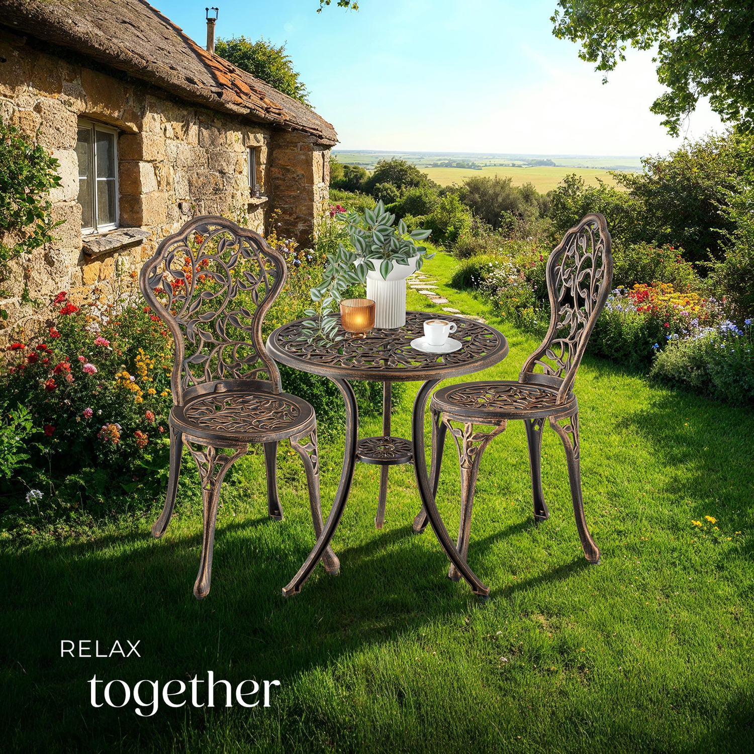 Garden Furniture Set With 2 Chairs And 1 Table In A Vintage Bronze Look - Black Grey