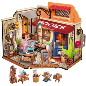 Corner Bookstore, Miniature House Kit with LED Lights Craft