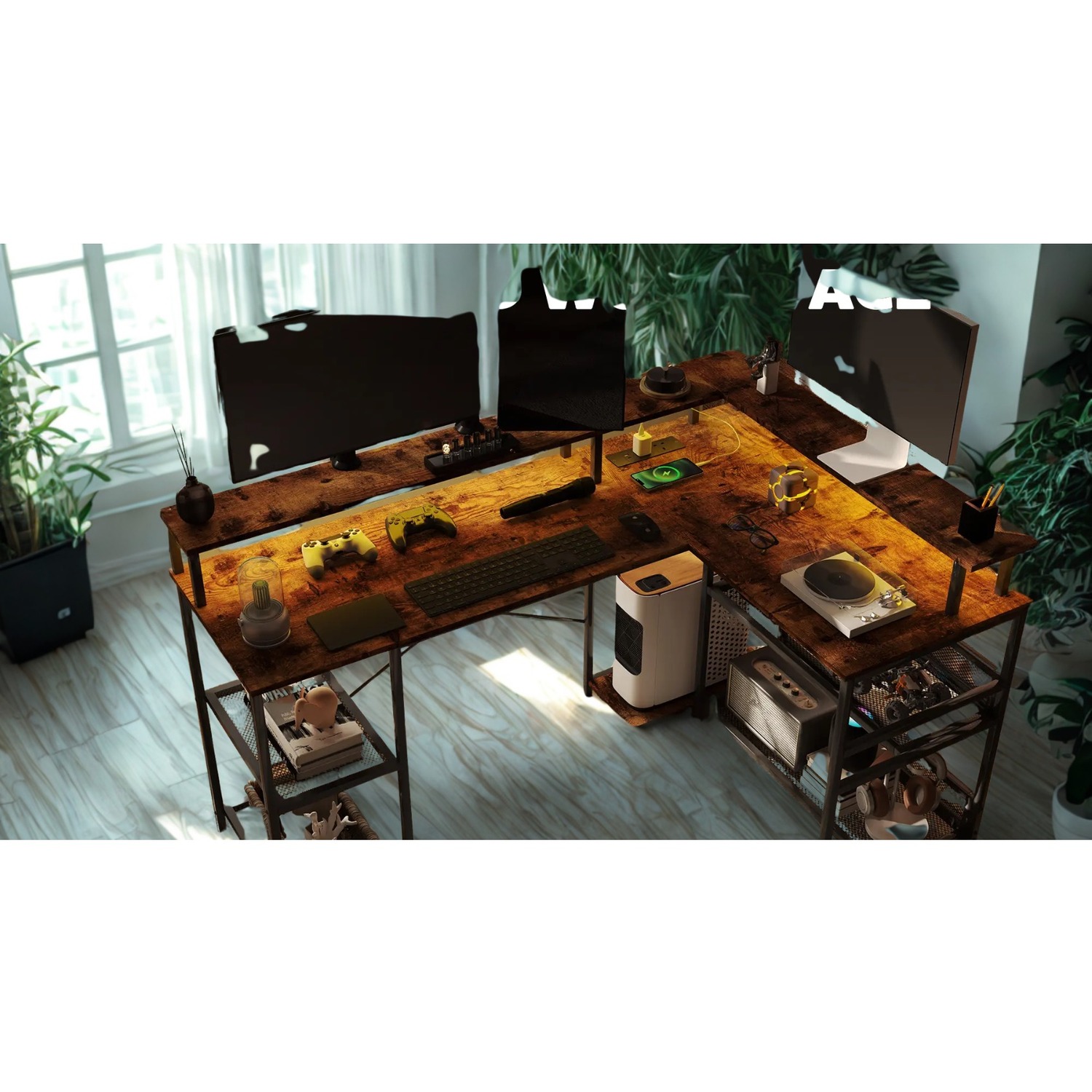 Industrial L Shaped Computer Desk With Usb Outlets And Led Lights - Rustic Brown