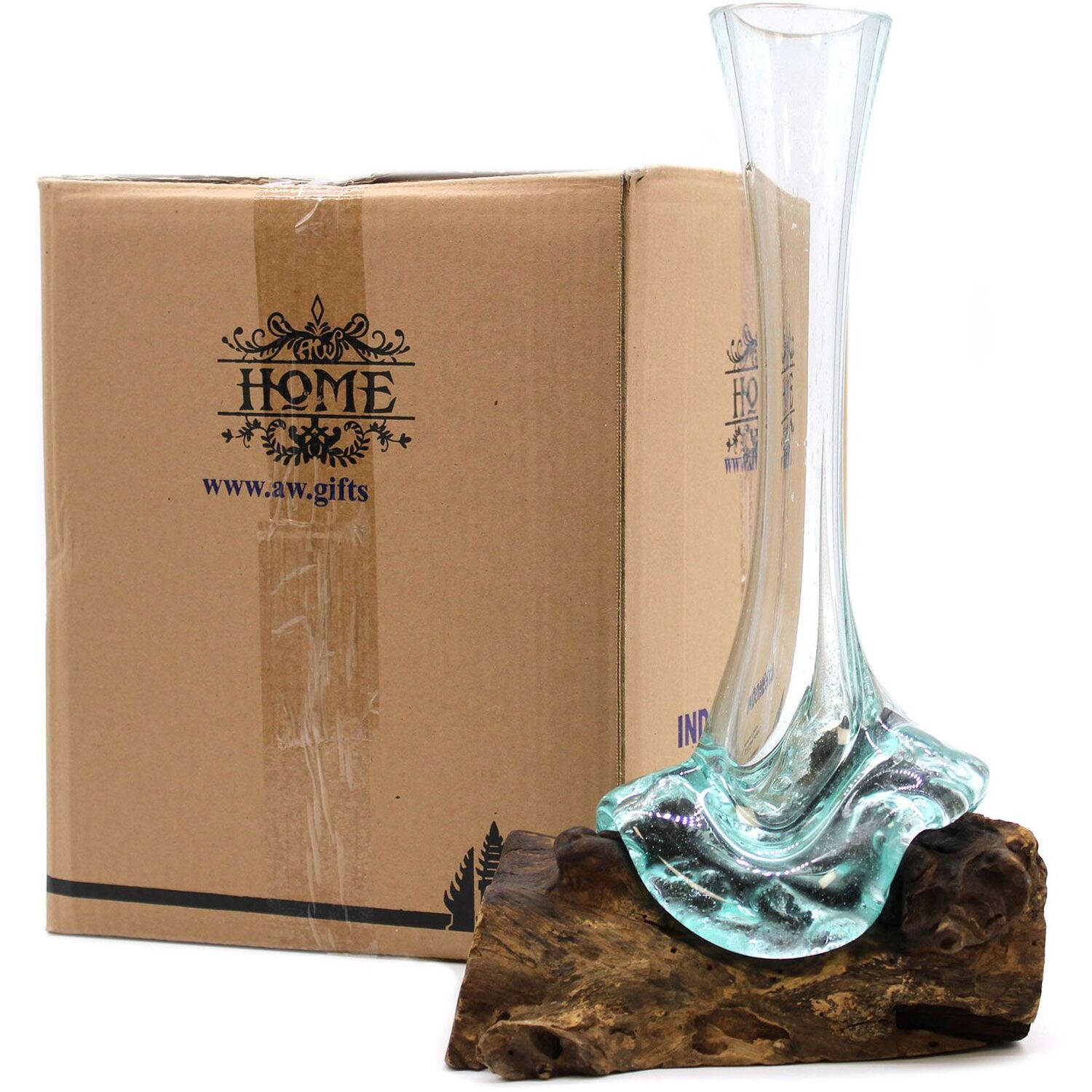 Handmade Molten Glass on Wood Vase - Brown
