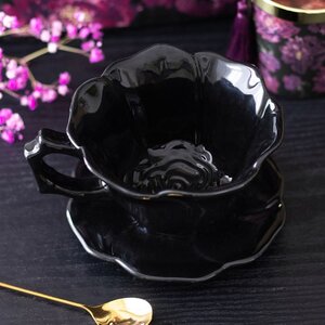 Black Rose Ceramic Teacup  Saucer Gothic Elegance