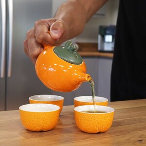 Herbal Orange Teapot Set with 4 Cups, Ceramic, Stylish  Compact