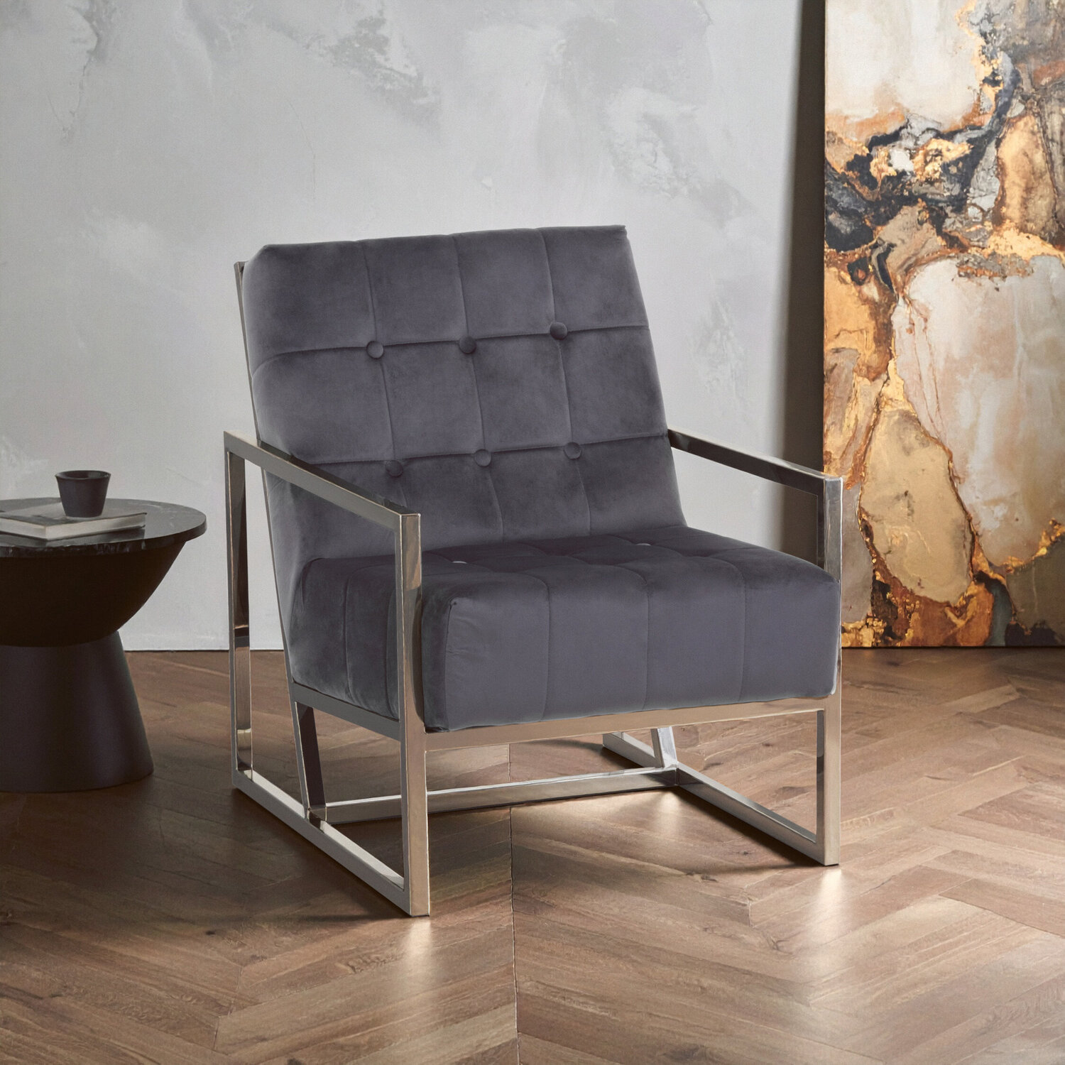 Hana Grey Velvet Chair with Stainless Steel Frame - Grey