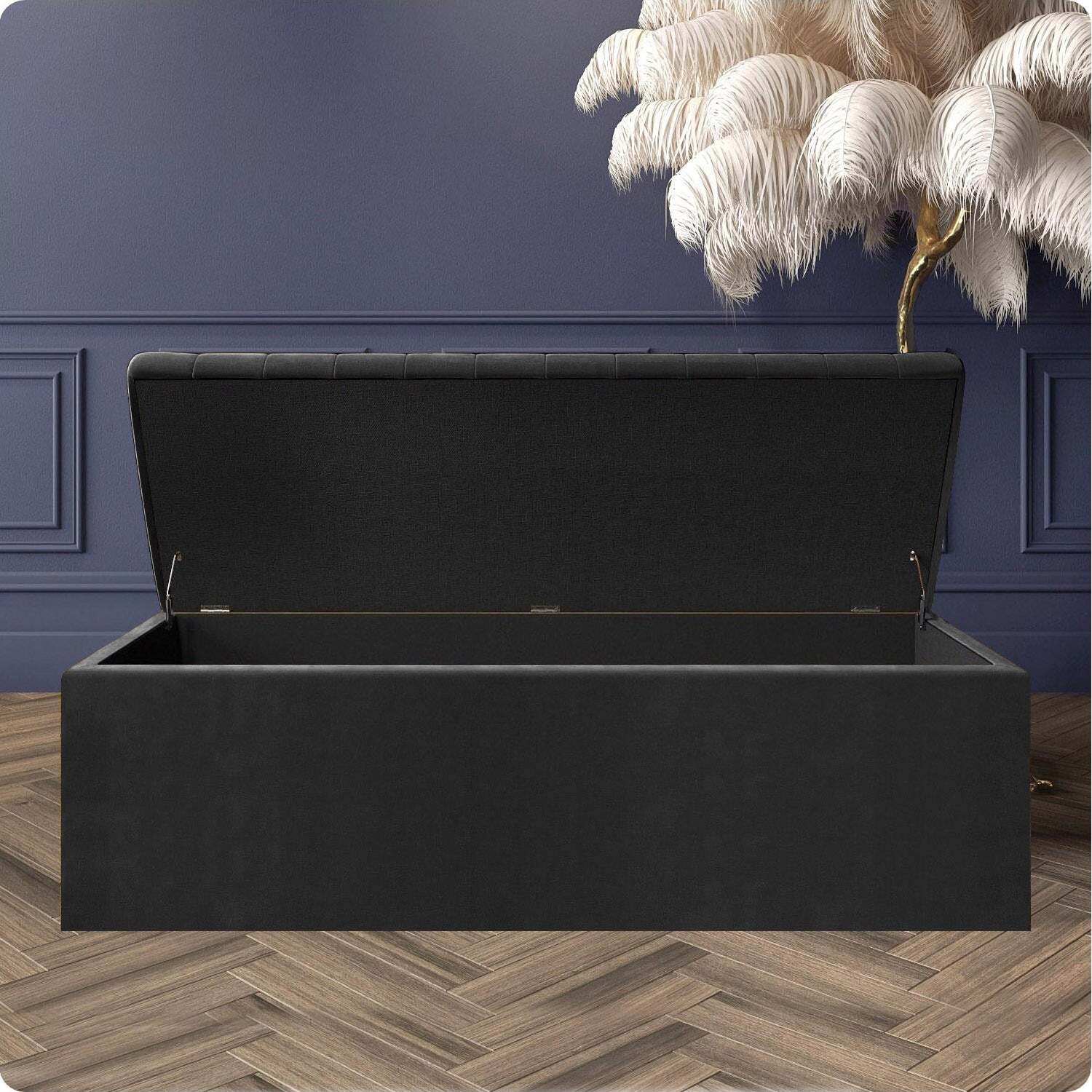 R&M Furnishers Plush Velvet Striped Upholstered Blanket Chest, End Of Bed Benc - Black Plush Velvet