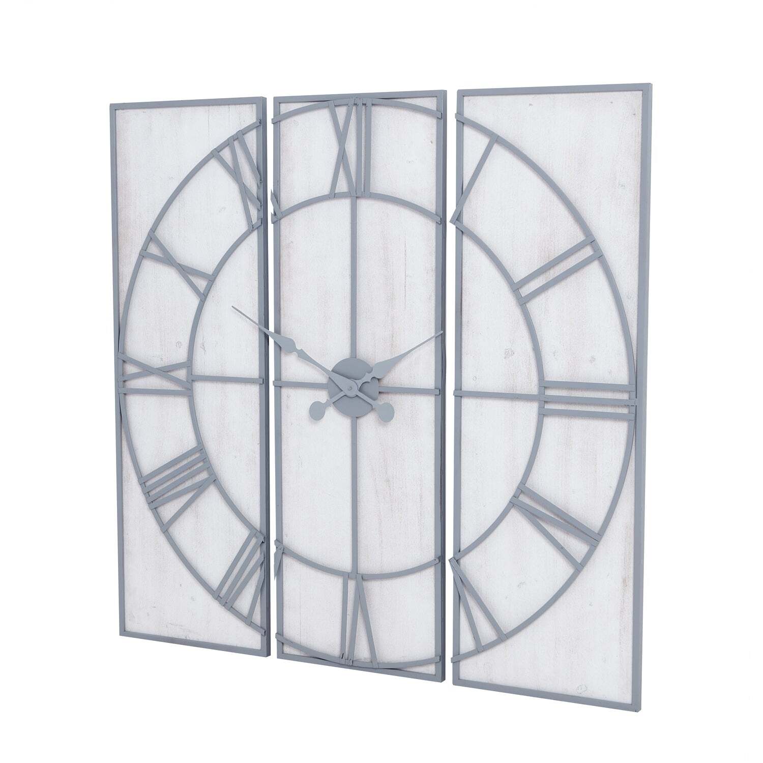 Oversized 3 Panel Open Frame Roman Numeral Wall Clock - Silver