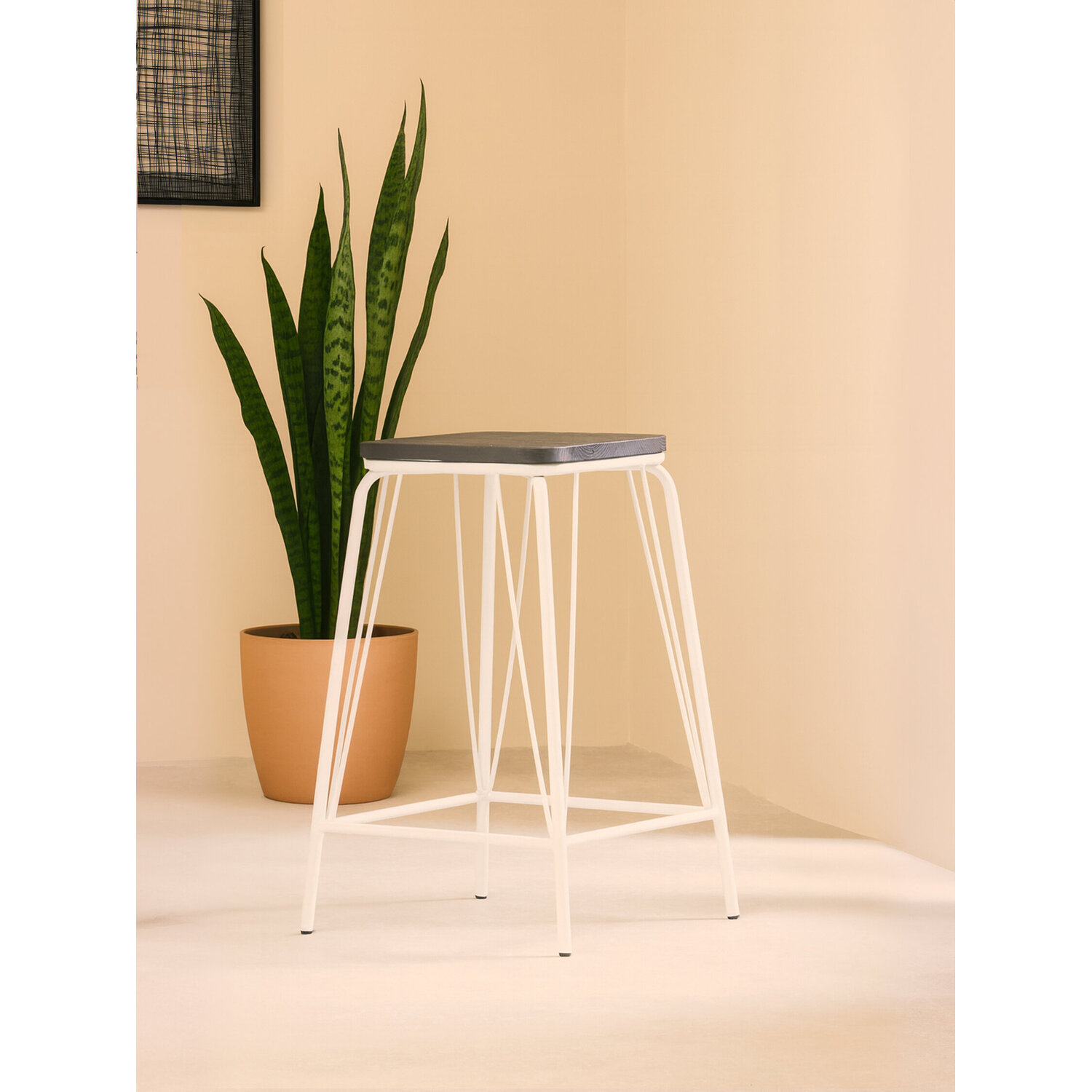 District White Metal And Elm Wood Stool - Silver