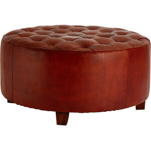 Inca Round Button Tufted Antique Brown Leather Large Stool