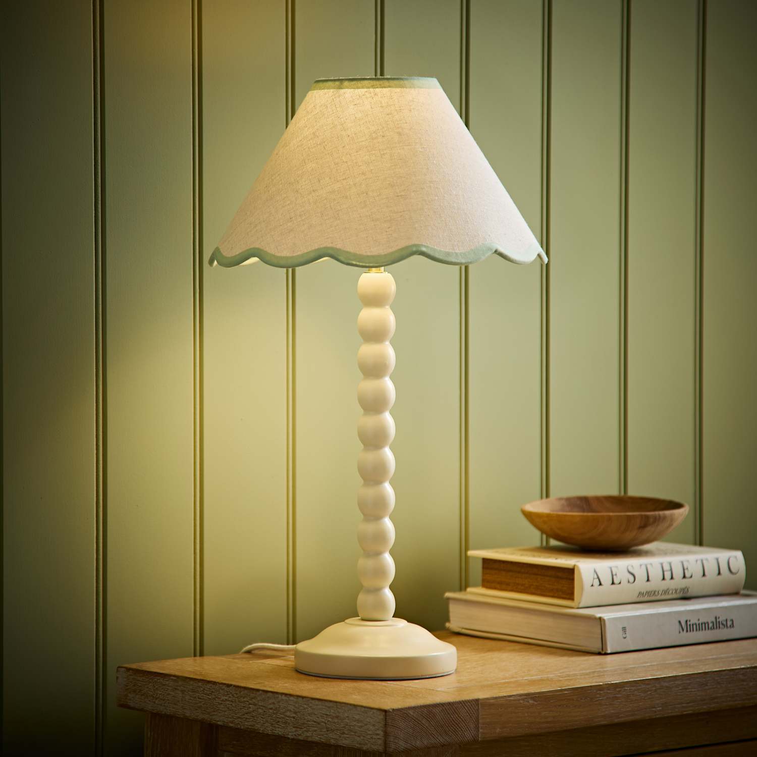 Valuelights Bobbin Cream Table Lamp With Trim Scallop Shade - Sage Green / Yes