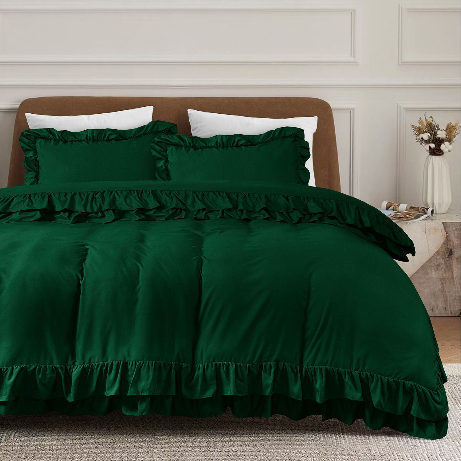 New Ruffled Borders Duvet Cover Set - Green Double