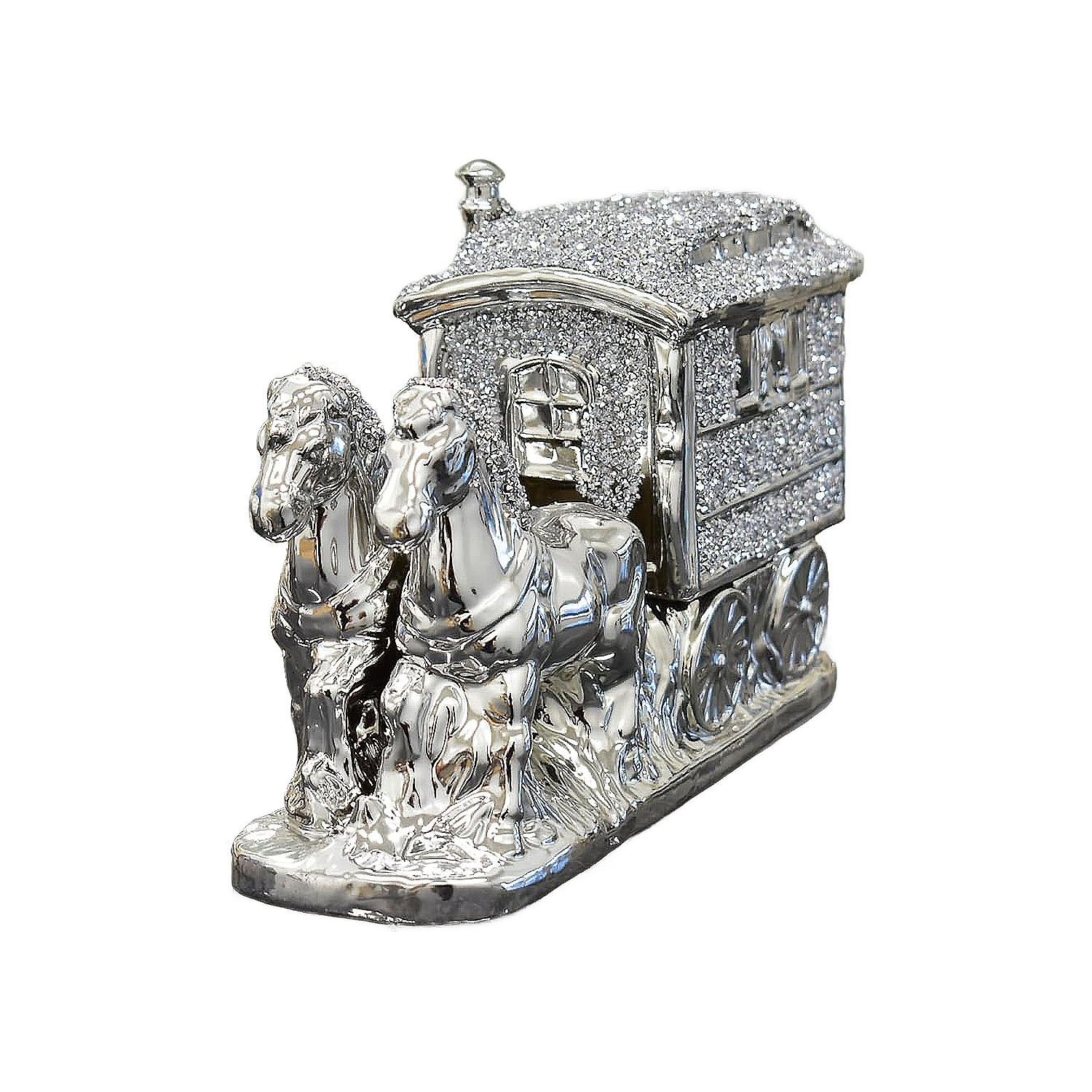 Horse With Wagon Gypsy Crushed Diamond Carriage Ornament - Silver