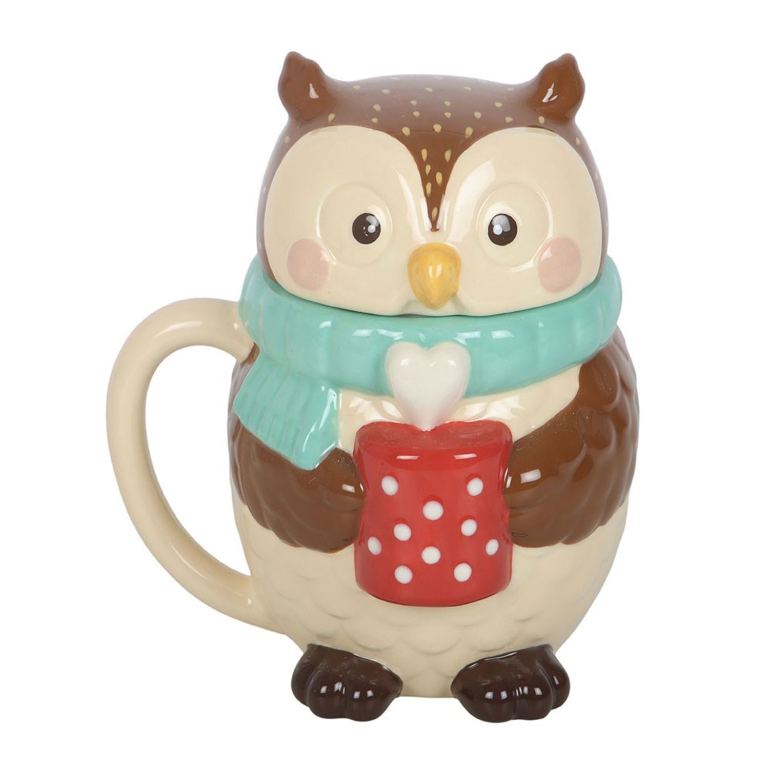 Something Different Oliver Owl 380Ml Lidded Mug - Cream/Brown/Turquoise