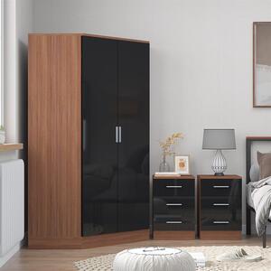 REFLECT Black Gloss Bedroom Set - Corner + 2x 3 Drawer Bedsides - Black / Walnut