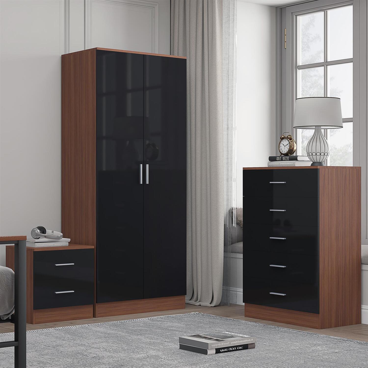 REFLECT 2dr Plain + Chest of Drawers + Bedside - Black/Walnut - Image 6