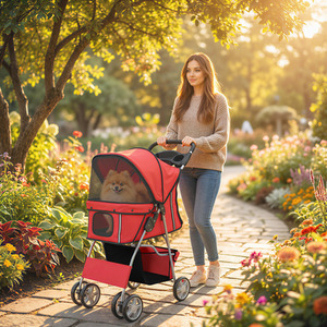 Pet Stroller Cats Foldable Travel Carriage, Red