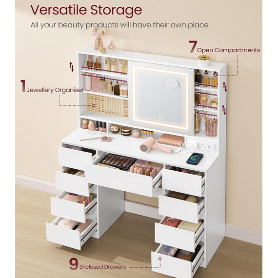 VASAGLE Dressing Table with LED Mirror, Vanity Desk with Power Outlets