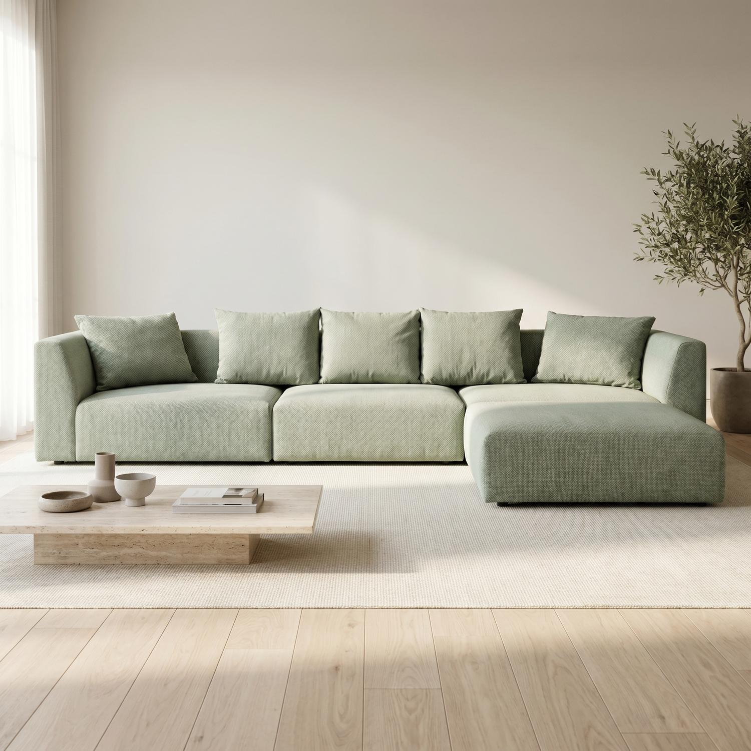 Abakus Direct Tokyo Large Corner Sofa In Warm Beige Basket Weave Fabric With Deep Seat - Natural Bamboo