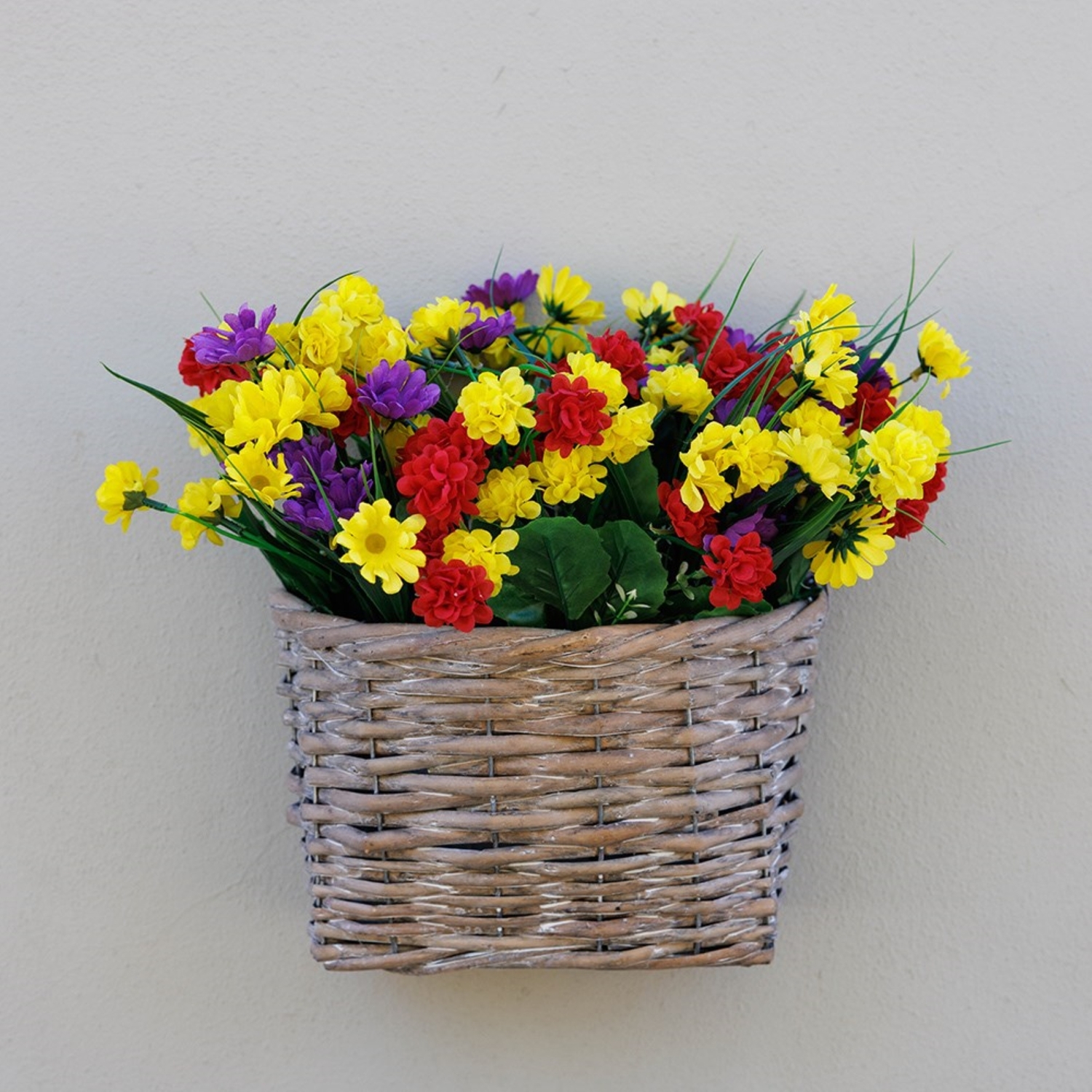 Primrose Artificial Wildflower Wall Floral Arrangement in Wicker Basket 32cm in Grey