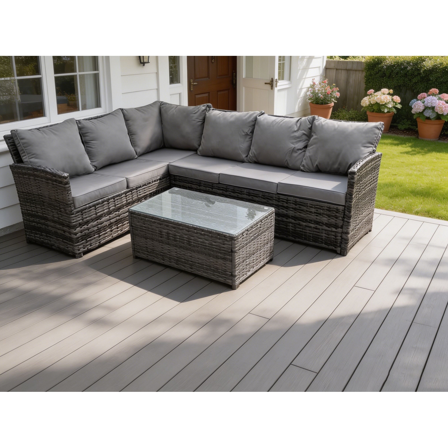 B&Q - High Back Dark Mixed Grey Rattan Corner Sofa Set Outdoor Furniture Rectangular Coffee Table 6 Seater - Image 2