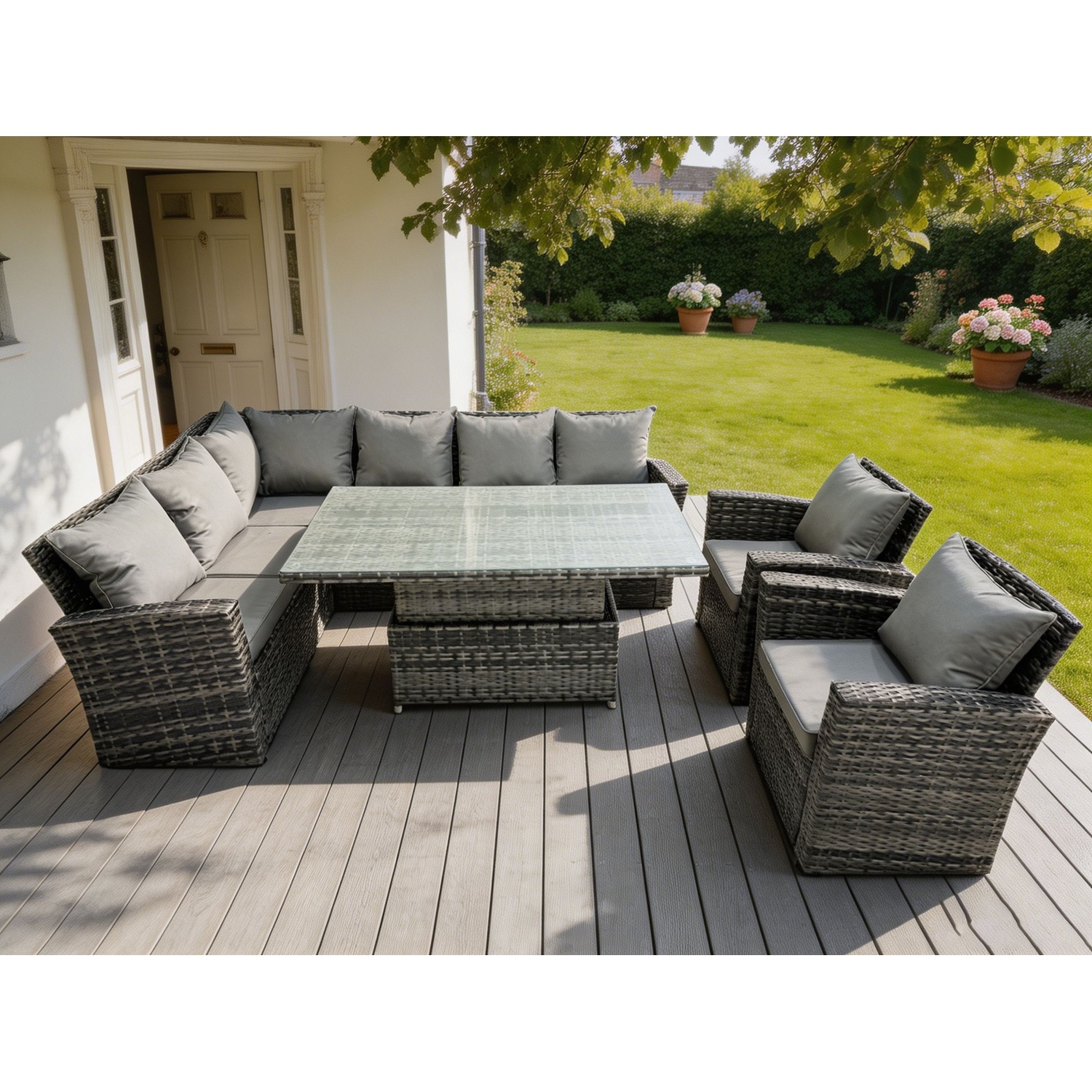 Rackhams Dark/Grey High Back Pe Rattan Corner Sofa Set Garden Furniture Adjustable Rising Lifting Table Set With 2 Armchair - Image 2