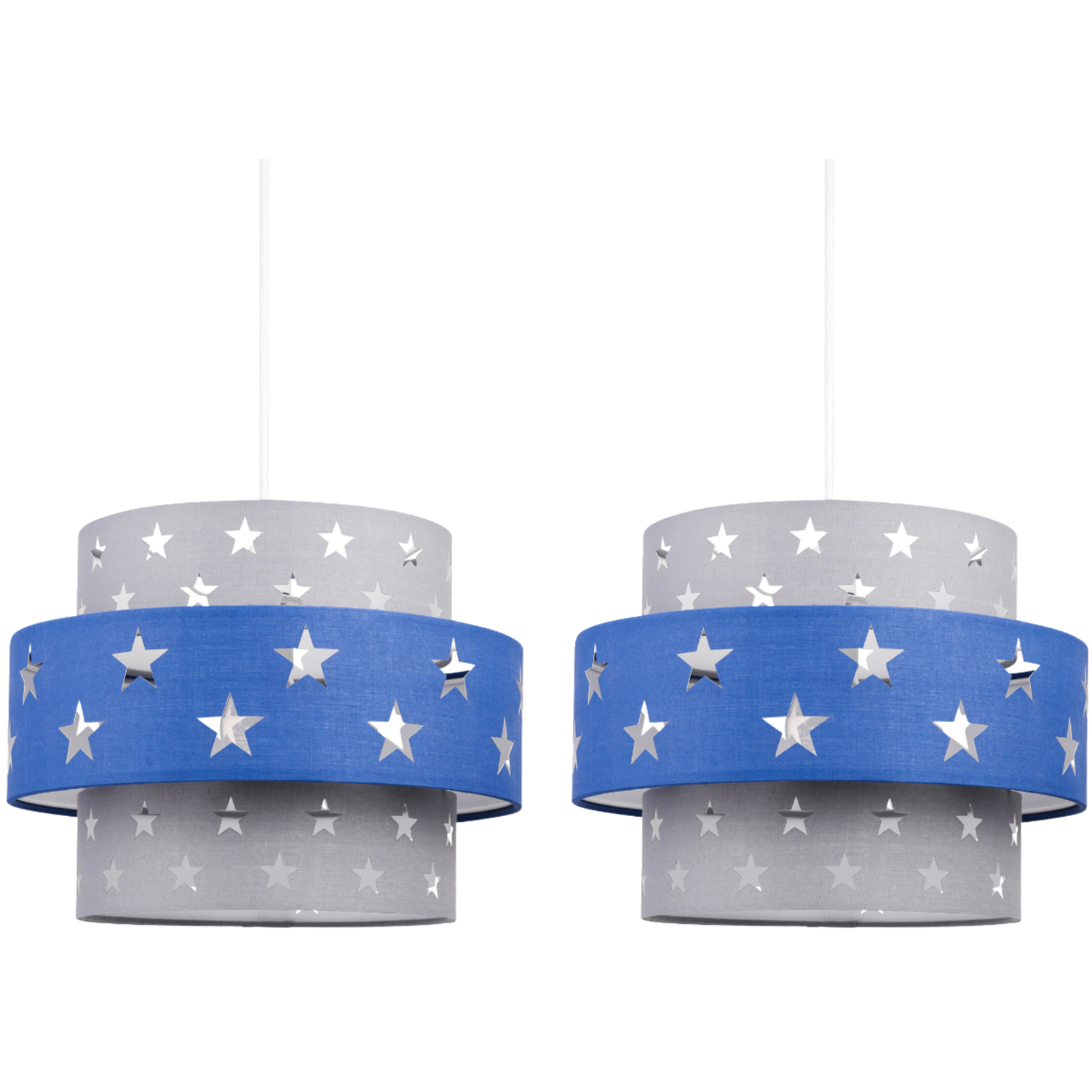 First Choice Lighting Set Of 2 Jupiter Easy Fit Fabric Pendant Shades - Grey Cotton With Blue Cotton Detail