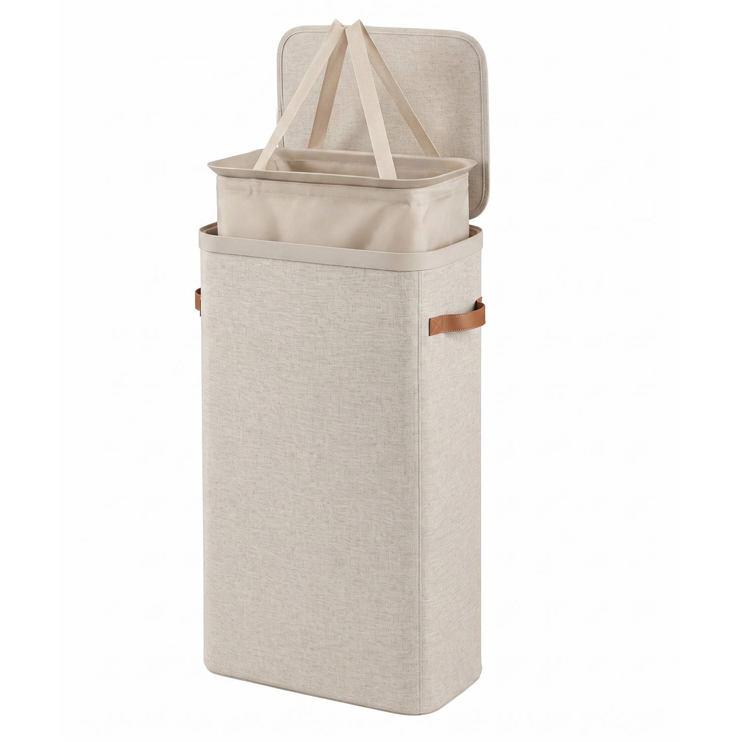 Keplin Collapsible Slim Laundry Basket With Lid And Removable Liner, 55L - Beige