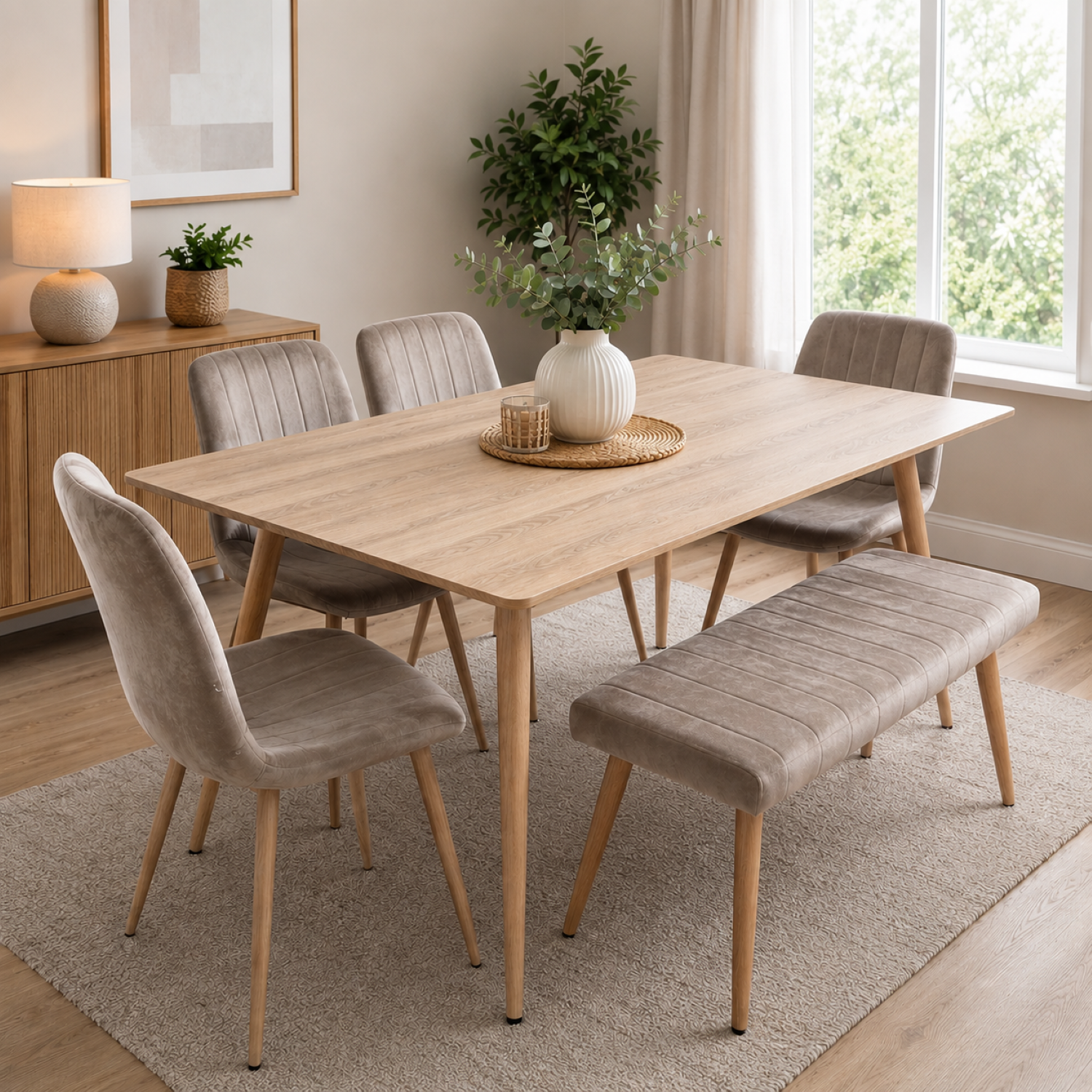 Kosy Koala Unisex Brown 6 Seater 140Cm Dining Table Set With 4 Beige Chairs & Bench In - Image 3