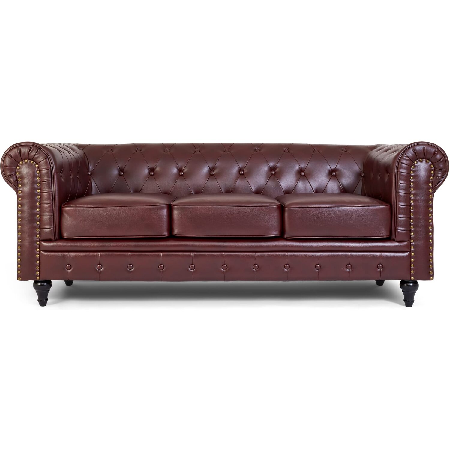 Bravich Chesterfield Scroll Arm Faux Leather Sofa - Brown