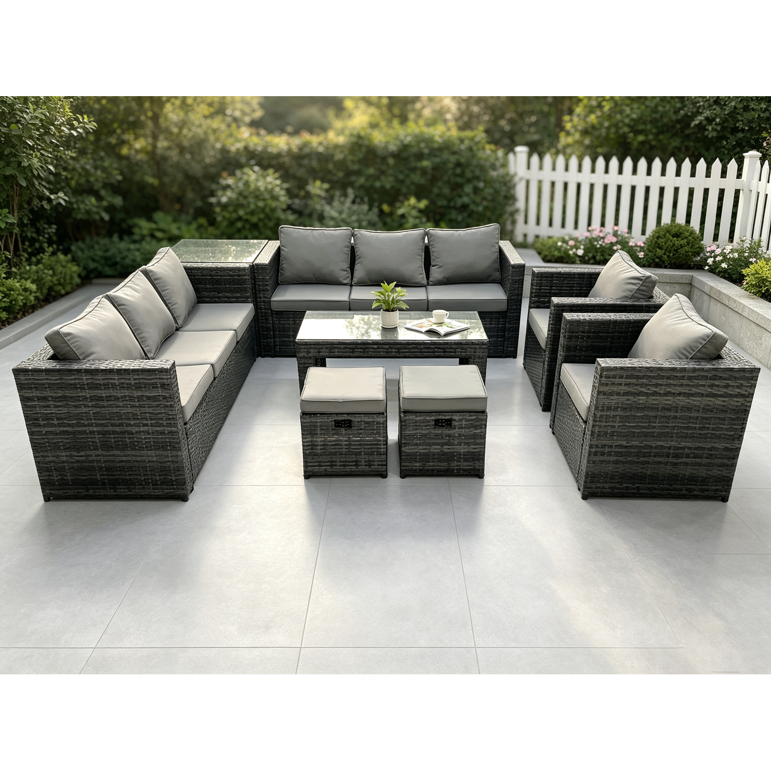 Fimous Unisex Dark Grey Outdoor Rattan Garden Furniture Lounge Sofa Set With Oblong Rectagular Coffee Table In Size 2 - Image 2