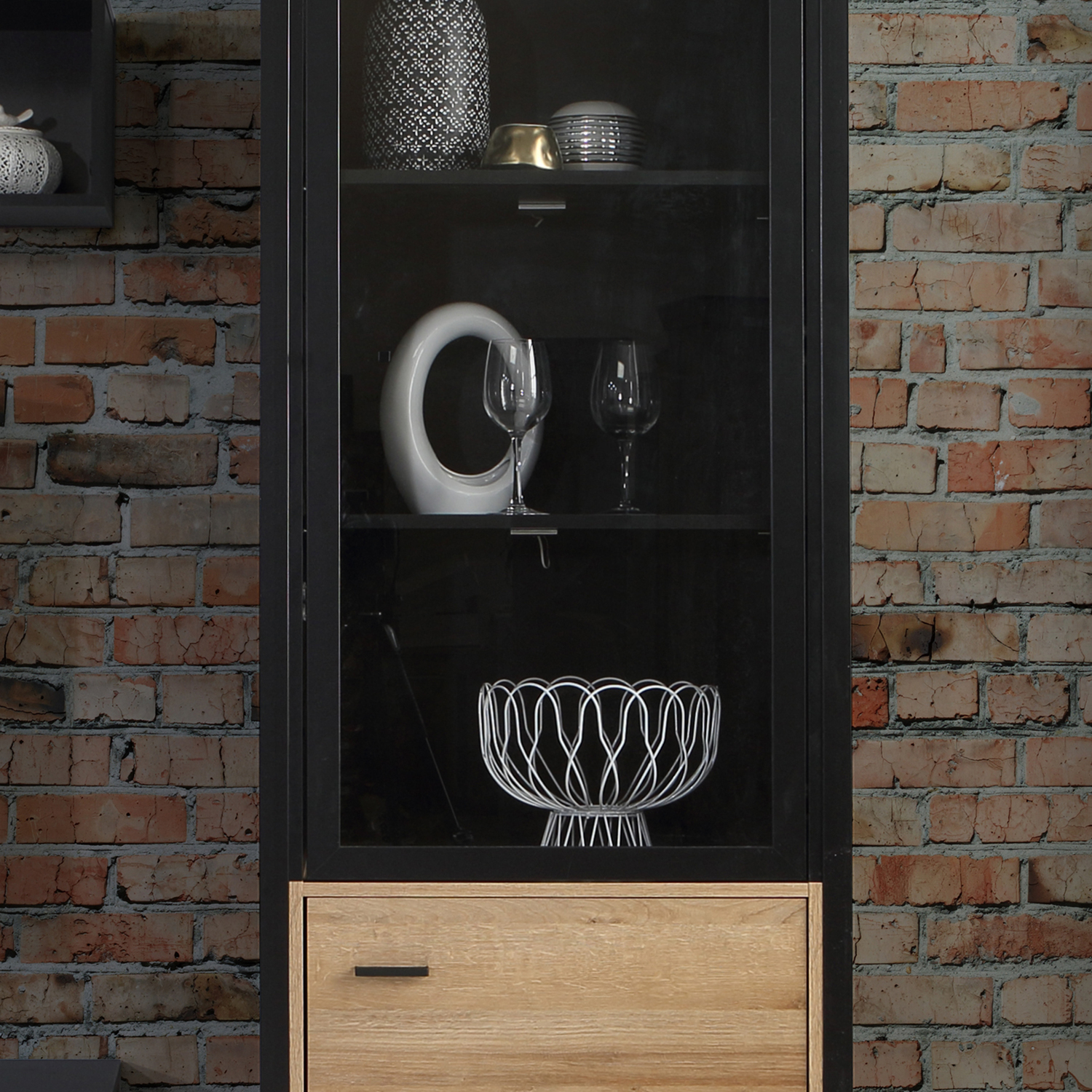Furniture To Go Black High Rock Wide Display Cabinet In Matt /Riviera Oak - Full Assembly Required - & Riviera Oak - Matt - Image 7