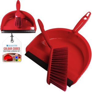 Colour Coded Dustpan and Brush Set Dustpan with Rubber Lip Soft Bristle Brush - Red