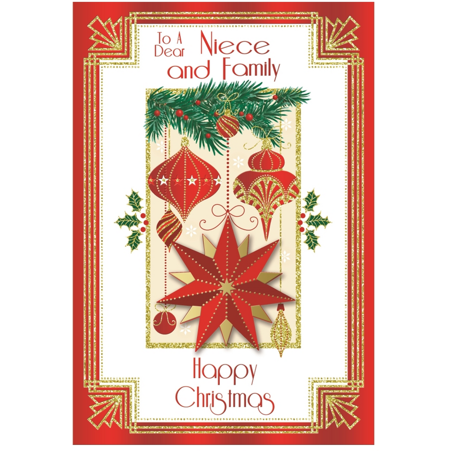 To a Dear Niece and Family Baubles and Star Design Christmas Card