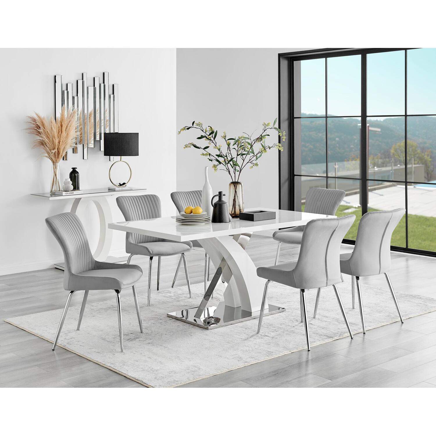 Furniturebox Uk Atlanta 6 White Dining Table & 6 Nora Silver Leg Chairs - Grey