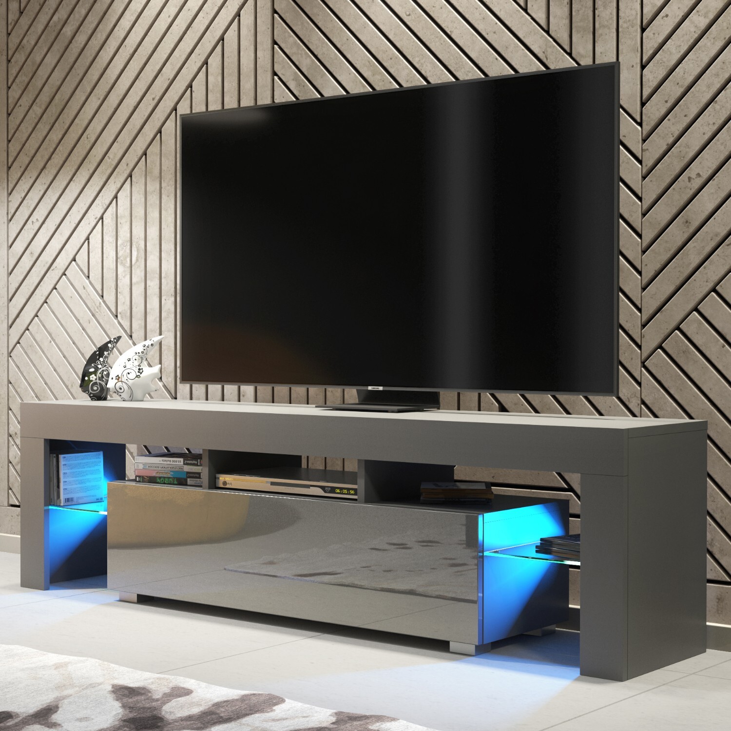 Mex Furniture Ltd Aria Tv Unit & Led A - Dark Grey With Gloss Doors