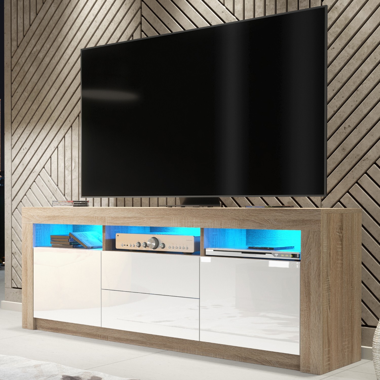  - Tv Unit Shine 160CmOak & White Gloss Doors And Led Lights - Image 3