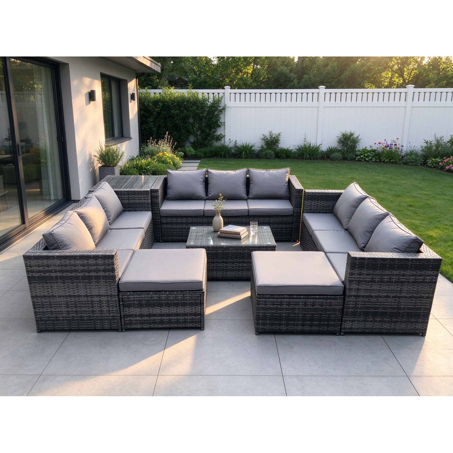 Fimous Dark/Grey Outdoor Lounge Sofa Set Wicker Pe Rattan Garden Furniture Set With Oblong Coffee Table Side Table 2 Big Footstool 11Seater Mixed - Image 2