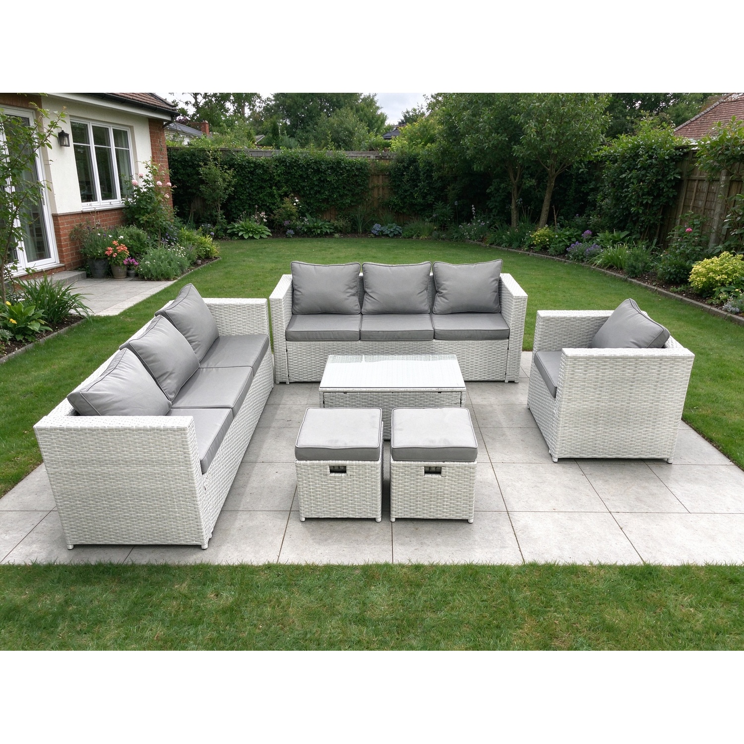 Fimous Light/Grey Wicker Pe Rattan Sofa Garden Furniture Set With Armchair Oblong Coffee Table 2 Small Footstools Mixed - Image 2