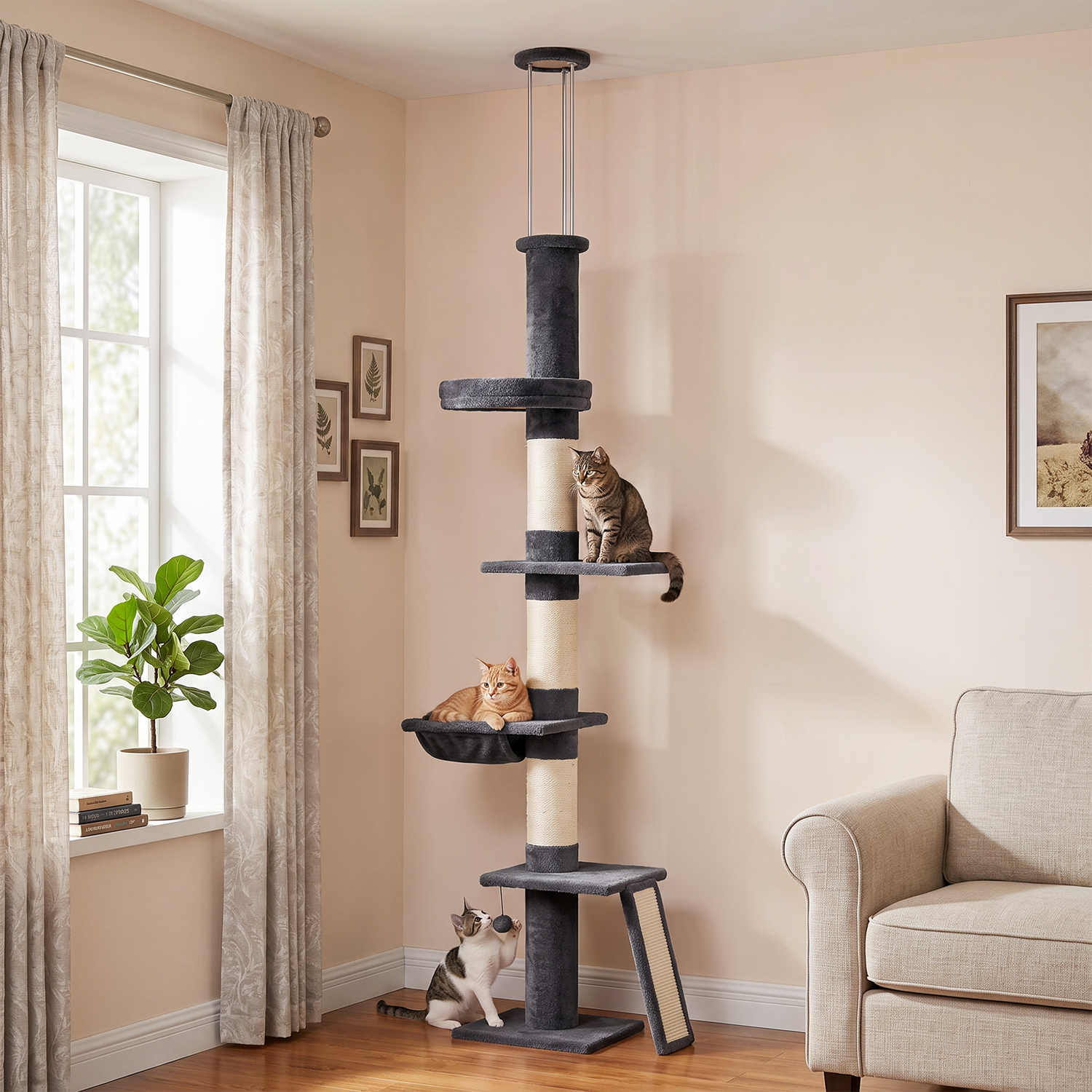 Pawhut Floor To Ceiling Cat Tree, 230-260 Cm Adjustable Cat Tower Dark Grey - Image 4