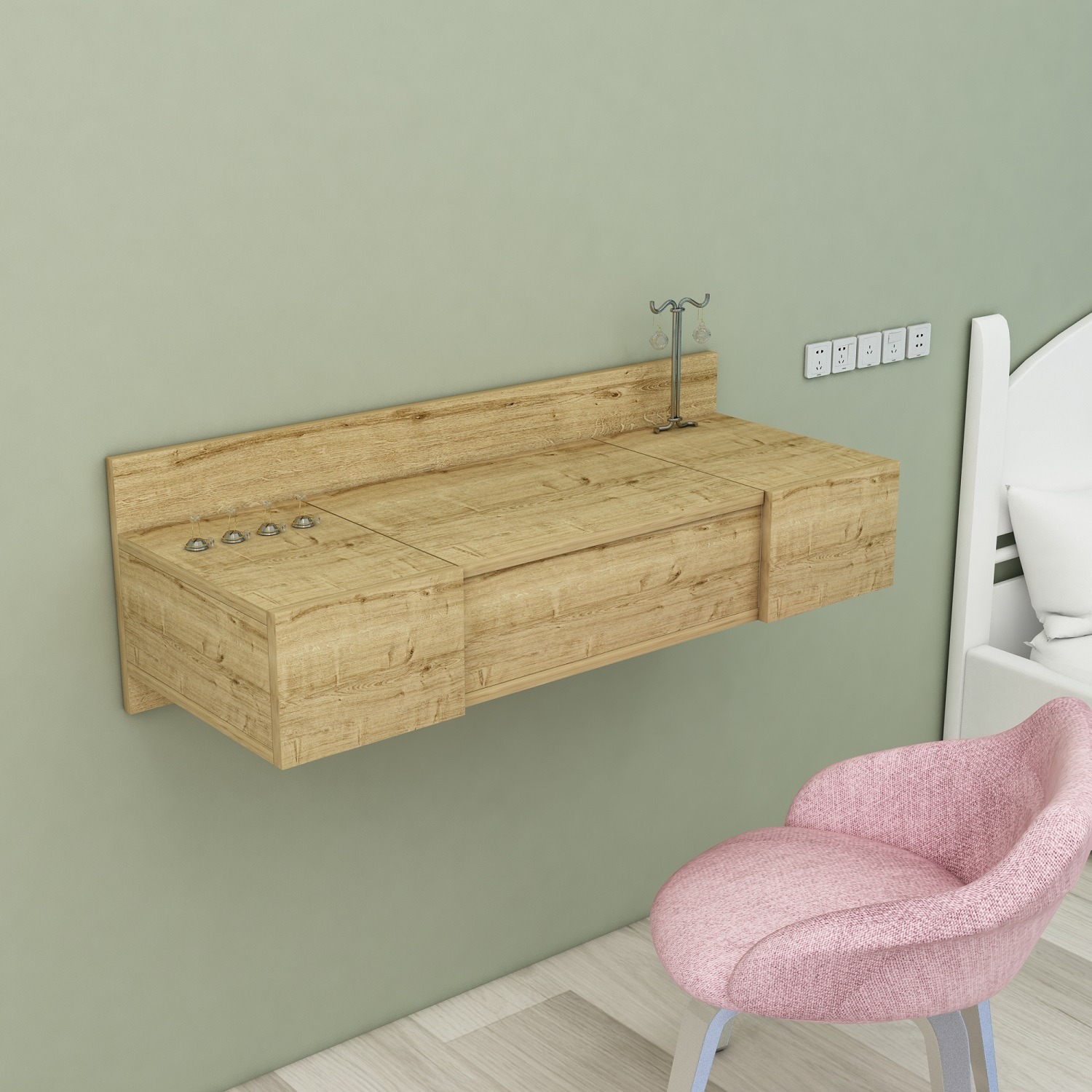 Zakkum Makeup Vanity Table With Mirror Wall Mounted - Sapphire Oak