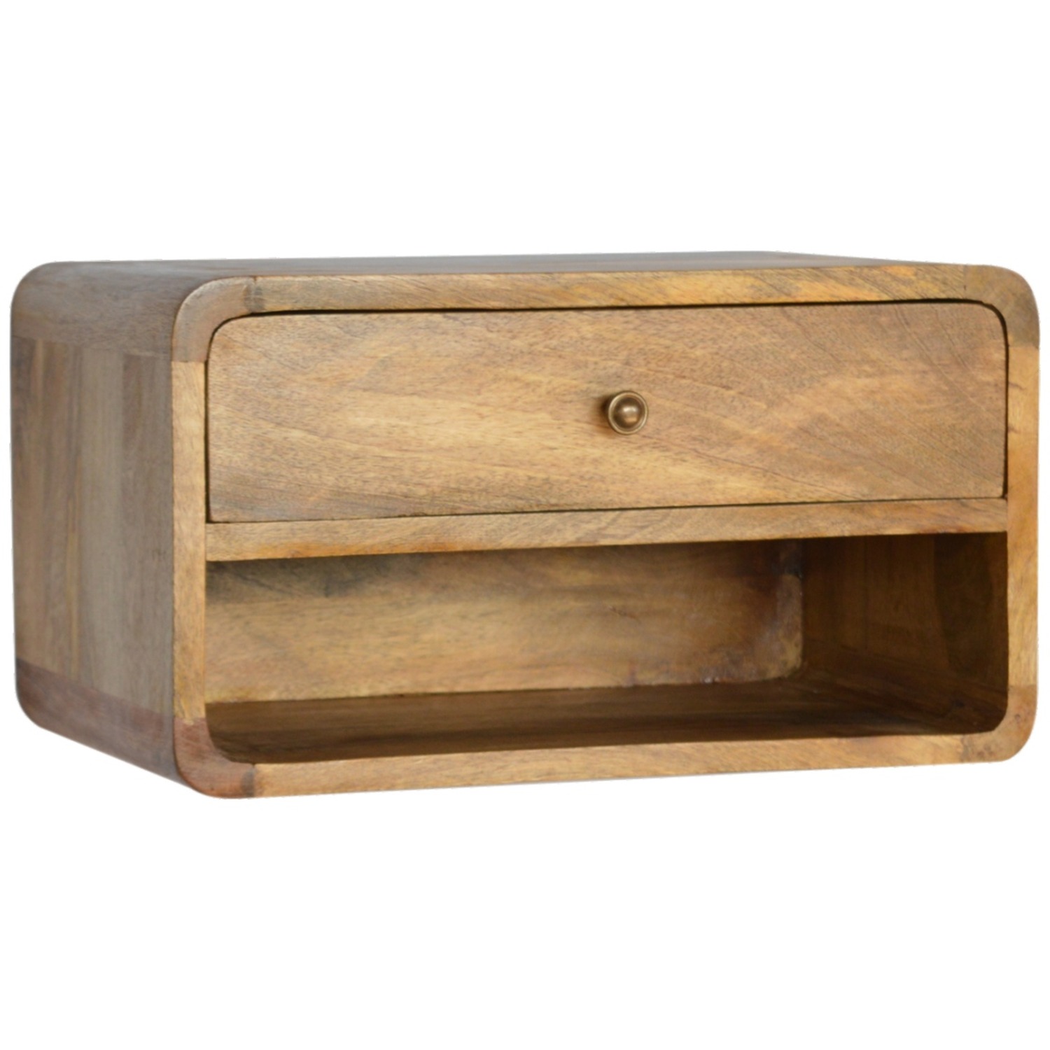1 Drawer Curved Oak-ish Wall Mounted Bedside Table With Open Slot - Brown