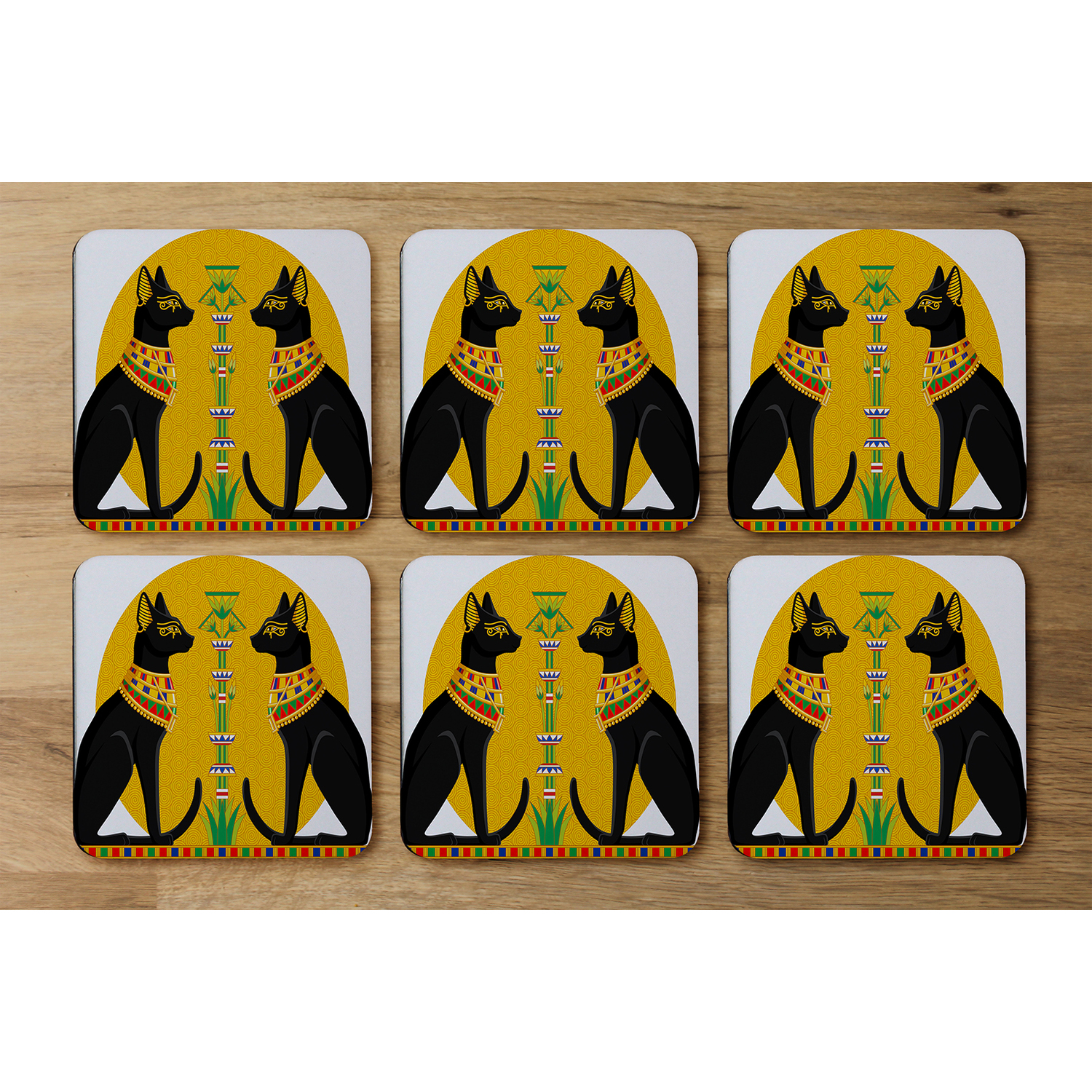 Illustration Of Black Egyptian Cats With Papyrus Coaster - Orange