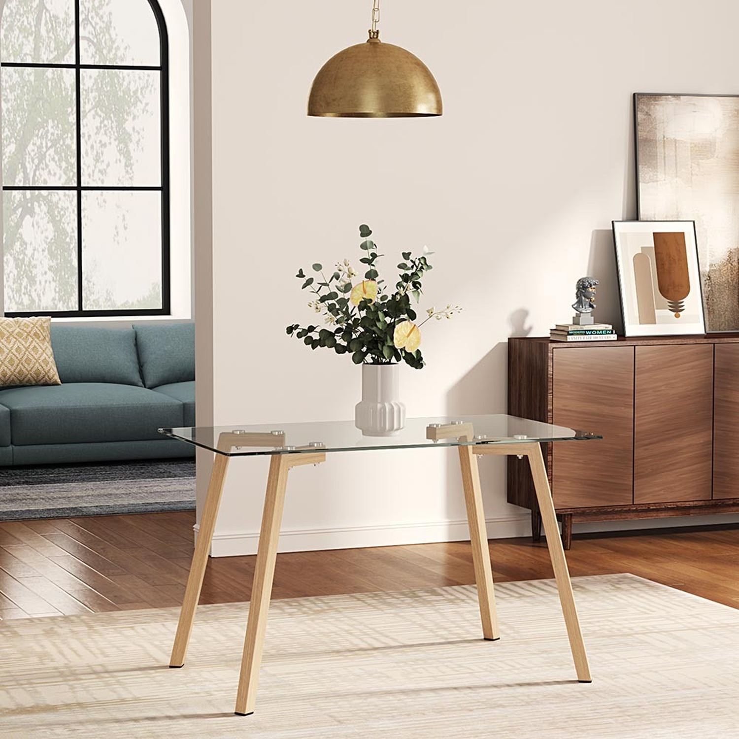 Tempered Glass Rectangular Console Dining Table With Thermal Transfer Iron Leg - Brown
