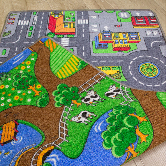 Kids Double Sided Play Mat Roads City Farm Play Room Rug