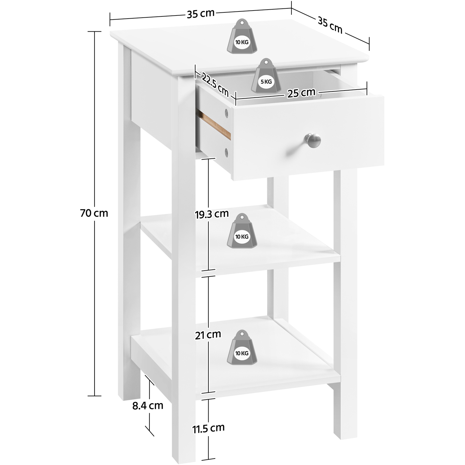 Narrow Bedside Table With Storage - White