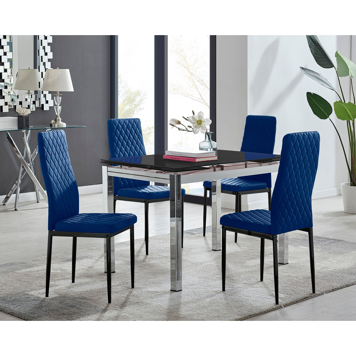 FurnitureboxUK - Enna Black Glass Extending Dining Table and 4 Velvet Milan Black Leg Chairs - Navy thumbnail